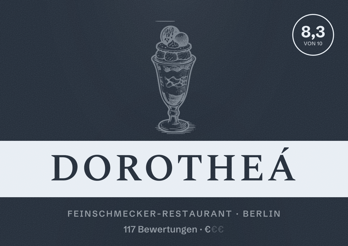 Illustriertes Poster von Dorotheá, Feinschmecker-Restaurant in Berlin: Bewertung 8,3 von 10 aus 117 Bewertungen, Preisniveau €