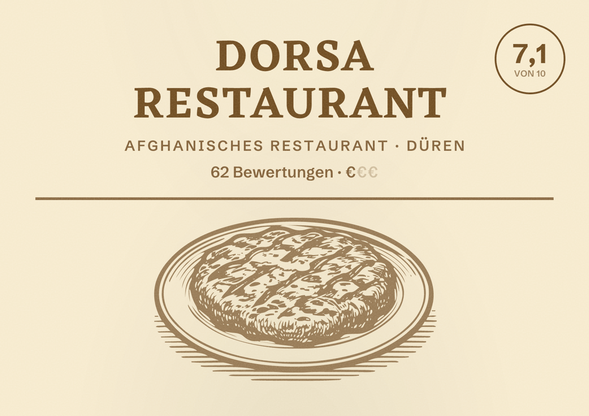 Illustriertes Poster von DORSA RESTAURANT, Afghanisches Restaurant in Düren: Bewertung 7,1 von 10 aus 62 Bewertungen, Preisniveau €