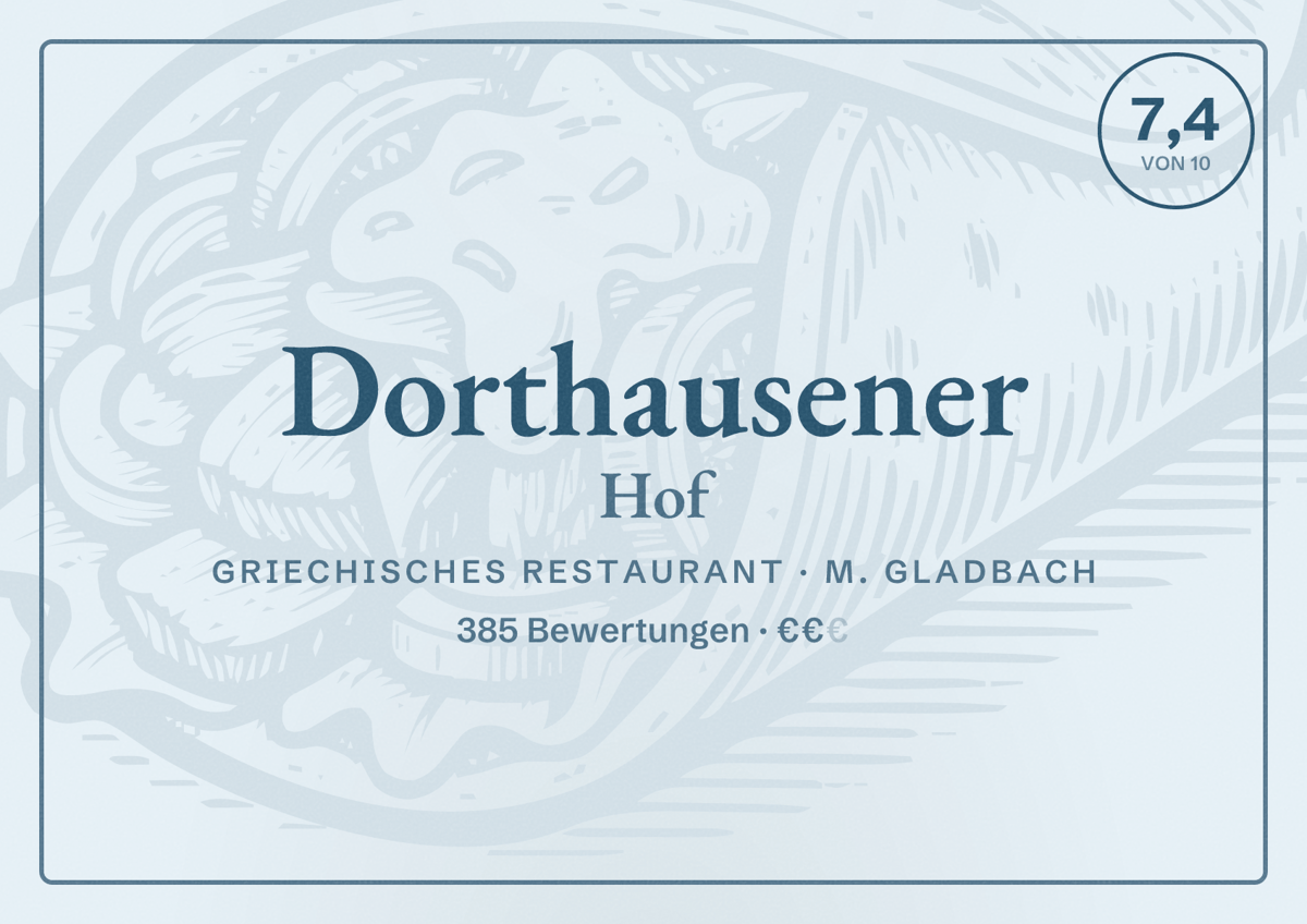 Illustriertes Poster von Dorthausener Hof, Griechisches Restaurant in M. Gladbach: Bewertung 7,4 von 10 aus 385 Bewertungen, Preisniveau €€