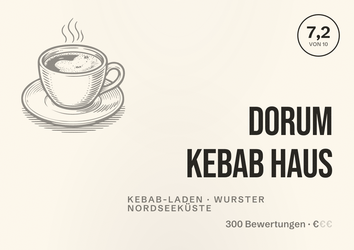 Illustriertes Poster von Dorum Kebab Haus, Kebab-Laden in Wurster Nordseeküste: Bewertung 7,2 von 10 aus 300 Bewertungen, Preisniveau €
