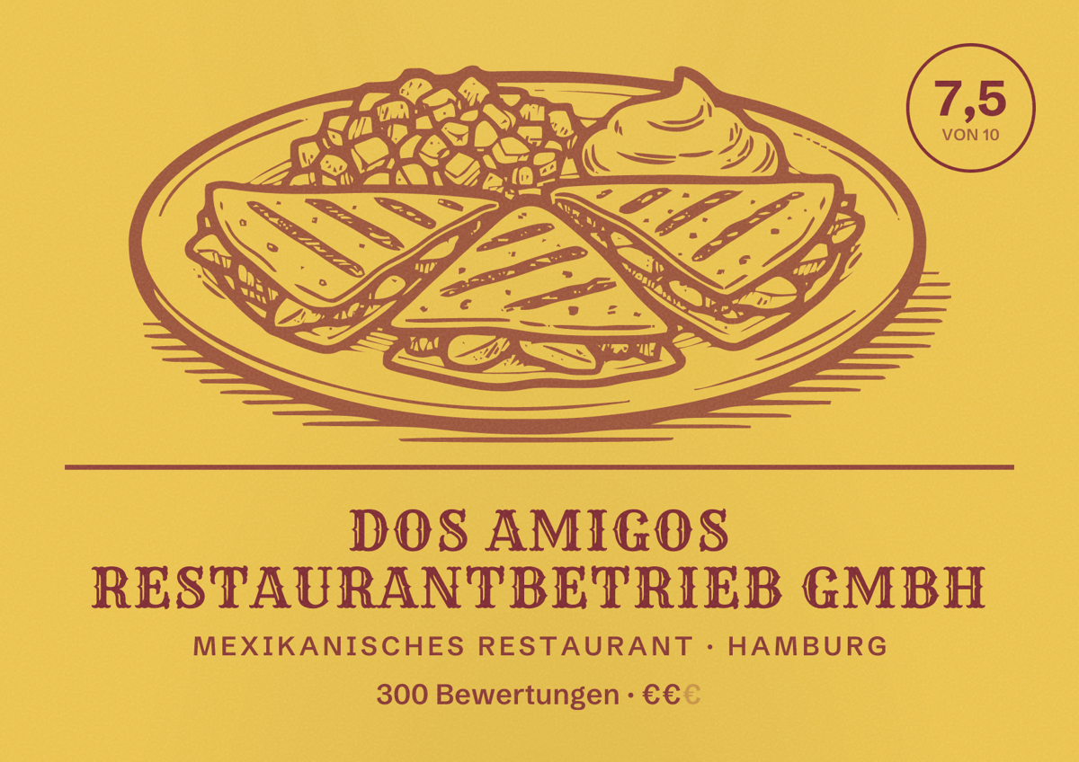Illustriertes Poster von Dos Amigos Restaurantbetrieb GmbH, Mexikanisches Restaurant in Hamburg: Bewertung 7,5 von 10 aus 300 Bewertungen, Preisniveau €€
