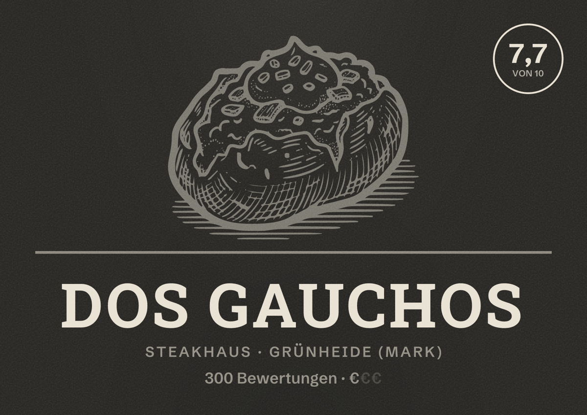Illustriertes Poster von Dos Gauchos, Steakhaus in Grünheide (Mark): Bewertung 7,7 von 10 aus 300 Bewertungen, Preisniveau €