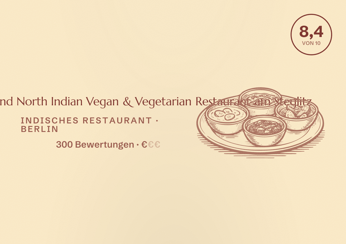 Illustriertes Poster von Dosa King South and North Indian Vegan & Vegetarian Restaurant am Steglitz, Indisches Restaurant in Berlin: Bewertung 8,4 von 10 aus 300 Bewertungen, Preisniveau €