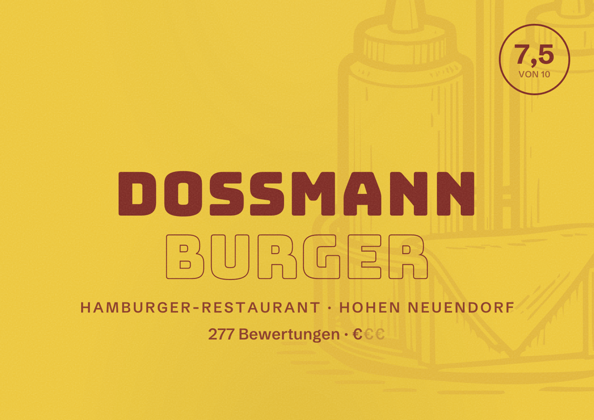 Illustriertes Poster von Dossmann Burger, Hamburger-Restaurant in Hohen Neuendorf: Bewertung 7,5 von 10 aus 277 Bewertungen, Preisniveau €