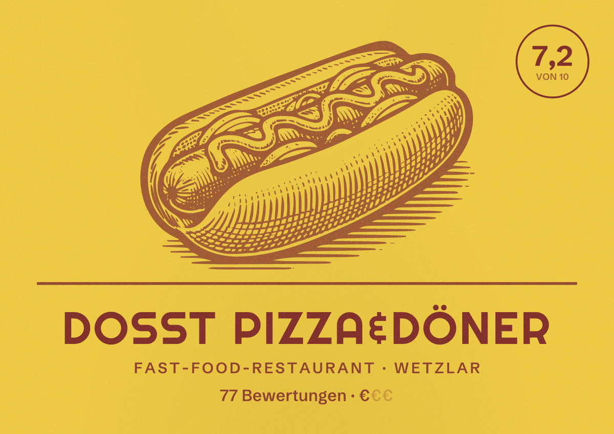 Illustriertes Poster von Dosst Pizza&Döner, Fast-Food-Restaurant in Wetzlar: Bewertung 7,2 von 10 aus 77 Bewertungen, Preisniveau €