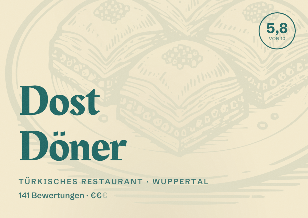 Illustriertes Poster von Dost Döner, Türkisches Restaurant in Wuppertal: Bewertung 5,8 von 10 aus 141 Bewertungen, Preisniveau €€