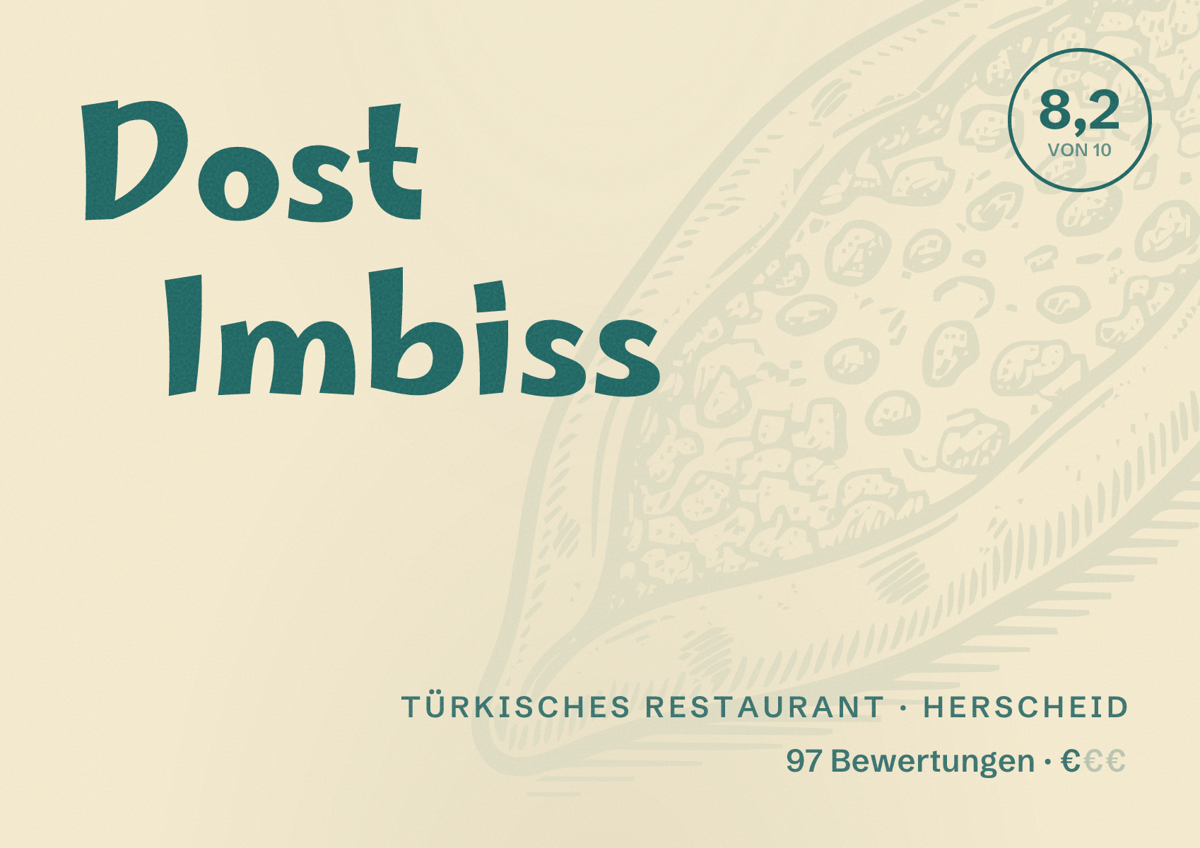 Illustriertes Poster von Dost Imbiss, Türkisches Restaurant in Herscheid: Bewertung 8,2 von 10 aus 97 Bewertungen, Preisniveau €