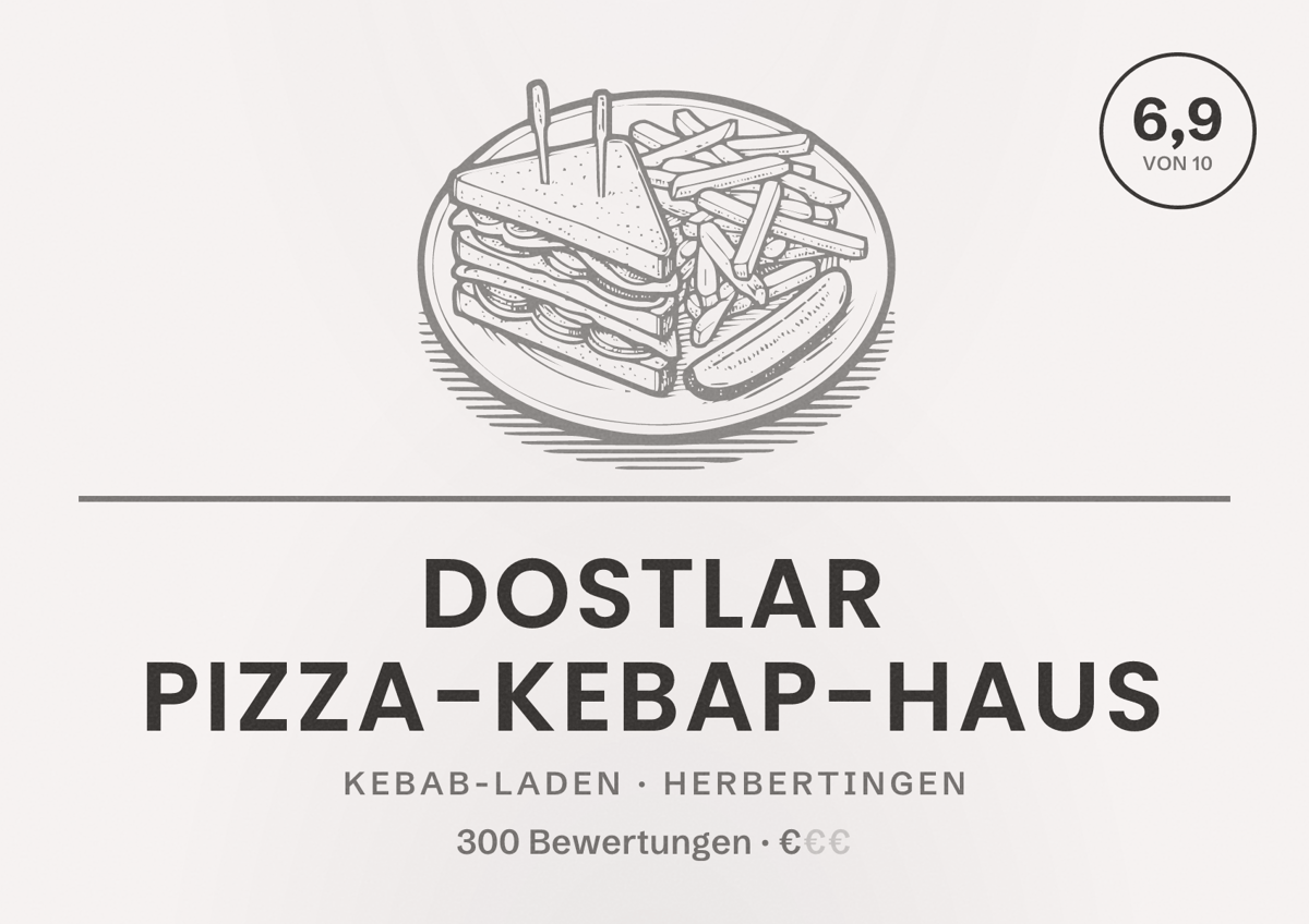 Illustriertes Poster von DOSTLAR Pizza-Kebap-Haus, Kebab-Laden in Herbertingen: Bewertung 6,9 von 10 aus 300 Bewertungen, Preisniveau €