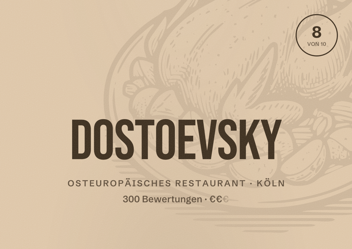 Illustriertes Poster von Dostoevsky, Osteuropäisches Restaurant in Köln: Bewertung 8,0 von 10 aus 300 Bewertungen, Preisniveau €€