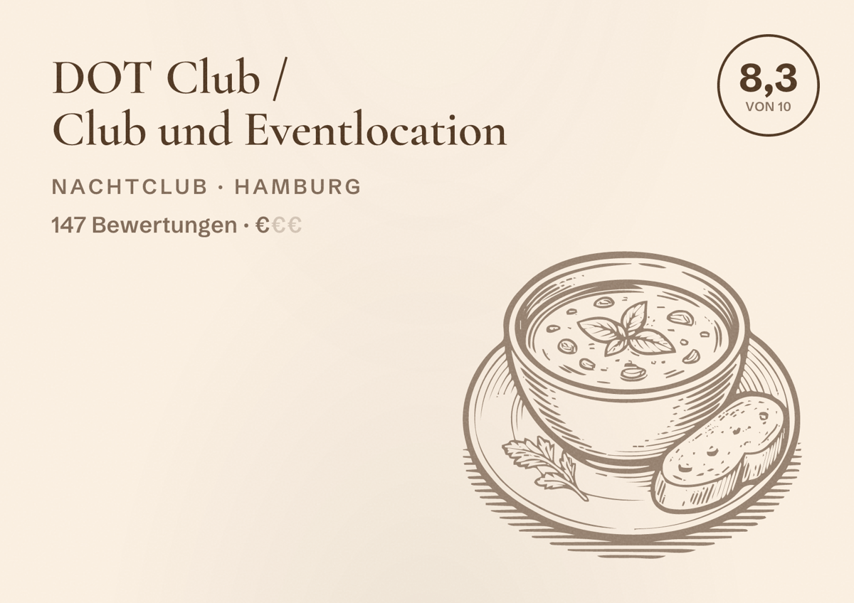 Illustriertes Poster von DOT Club / Club und Eventlocation, Nachtclub in Hamburg: Bewertung 8,3 von 10 aus 147 Bewertungen, Preisniveau €