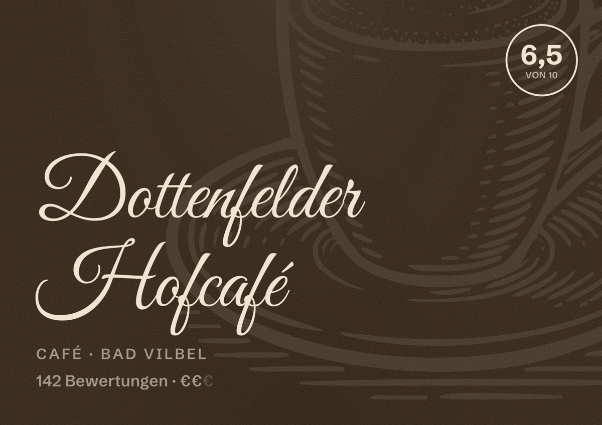 Illustriertes Poster von Dottenfelder Hofcafé, Café in Bad Vilbel: Bewertung 6,5 von 10 aus 142 Bewertungen, Preisniveau €€