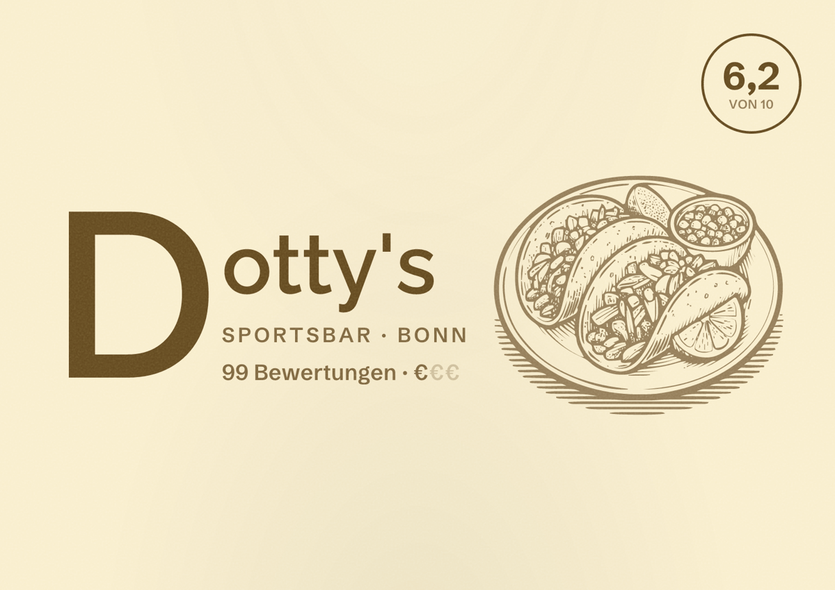 Illustriertes Poster von Dotty's, Sportsbar in Bonn: Bewertung 6,2 von 10 aus 99 Bewertungen, Preisniveau €