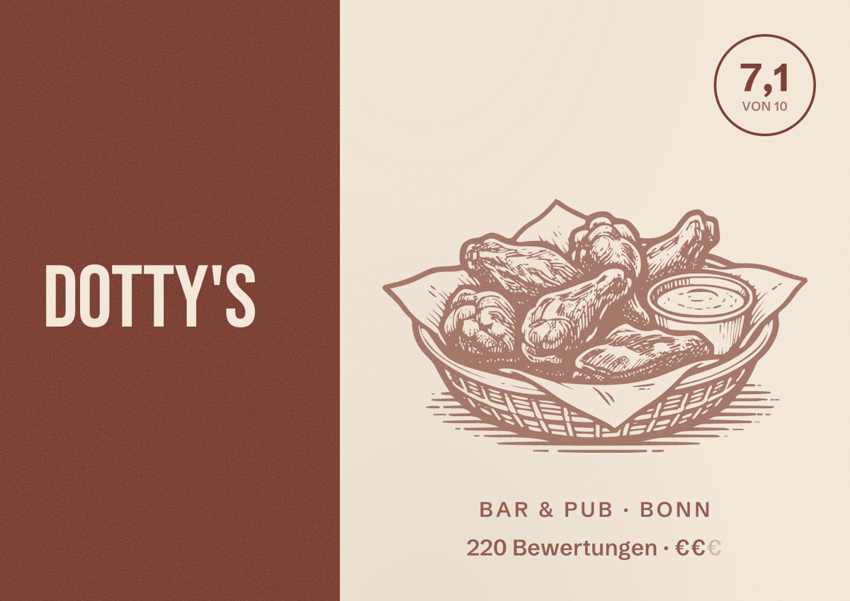 Illustriertes Poster von Dotty's, Bar & Pub in Bonn: Bewertung 7,1 von 10 aus 220 Bewertungen, Preisniveau €€