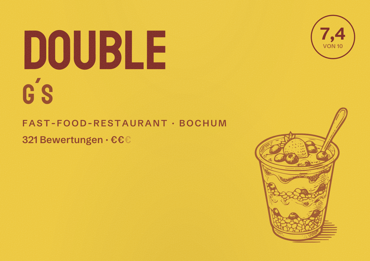Illustriertes Poster von Double G´s, Fast-Food-Restaurant in Bochum: Bewertung 7,4 von 10 aus 321 Bewertungen, Preisniveau €€