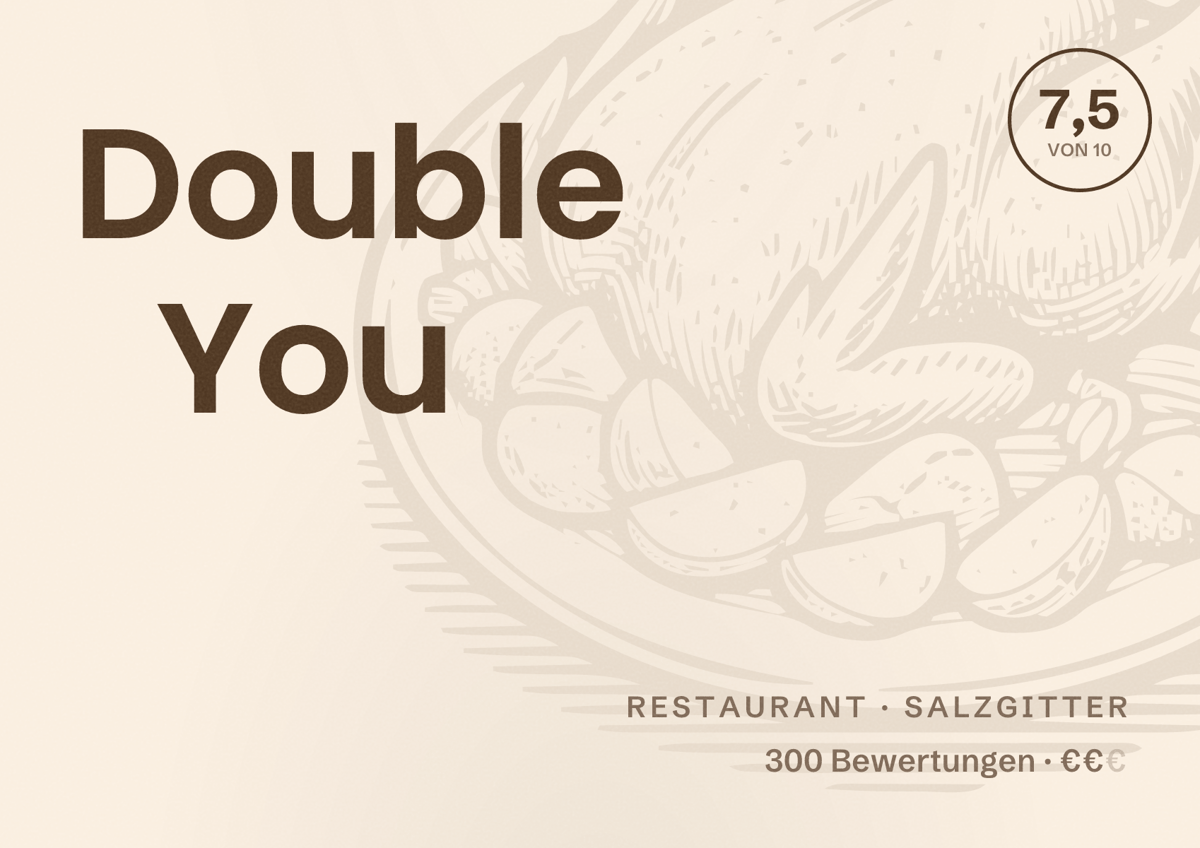Illustriertes Poster von Double You, Restaurant in Salzgitter: Bewertung 7,5 von 10 aus 300 Bewertungen, Preisniveau €€