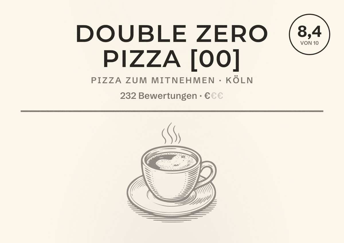 Illustriertes Poster von Double Zero Pizza [00], Pizza zum Mitnehmen in Köln: Bewertung 8,4 von 10 aus 232 Bewertungen, Preisniveau €