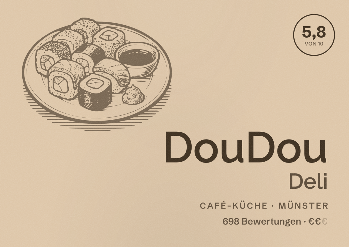 Illustriertes Poster von DouDou Deli, Café-Küche in Münster: Bewertung 5,8 von 10 aus 698 Bewertungen, Preisniveau €€