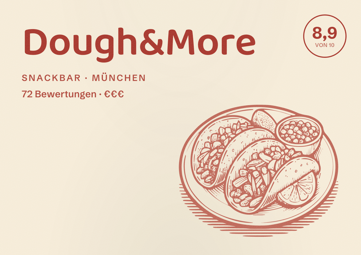 Illustriertes Poster von Dough&More, Snackbar in München: Bewertung 8,9 von 10 aus 72 Bewertungen, Preisniveau €€€