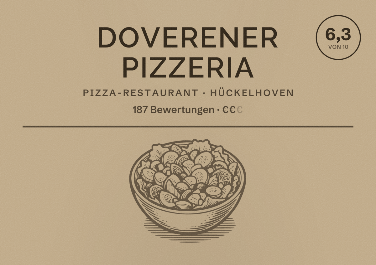 Illustriertes Poster von Doverener Pizzeria, Pizza-Restaurant in Hückelhoven: Bewertung 6,3 von 10 aus 187 Bewertungen, Preisniveau €€