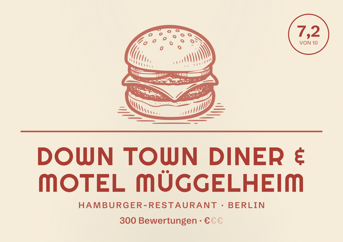 Illustriertes Poster von Down Town Diner & Motel Müggelheim, Hamburger-Restaurant in Berlin: Bewertung 7,2 von 10 aus 300 Bewertungen, Preisniveau €