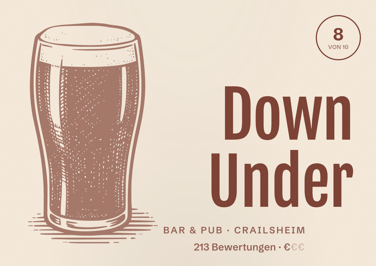 Illustriertes Poster von Down Under, Bar & Pub in Crailsheim: Bewertung 8 von 10 aus 213 Bewertungen, Preisniveau €
