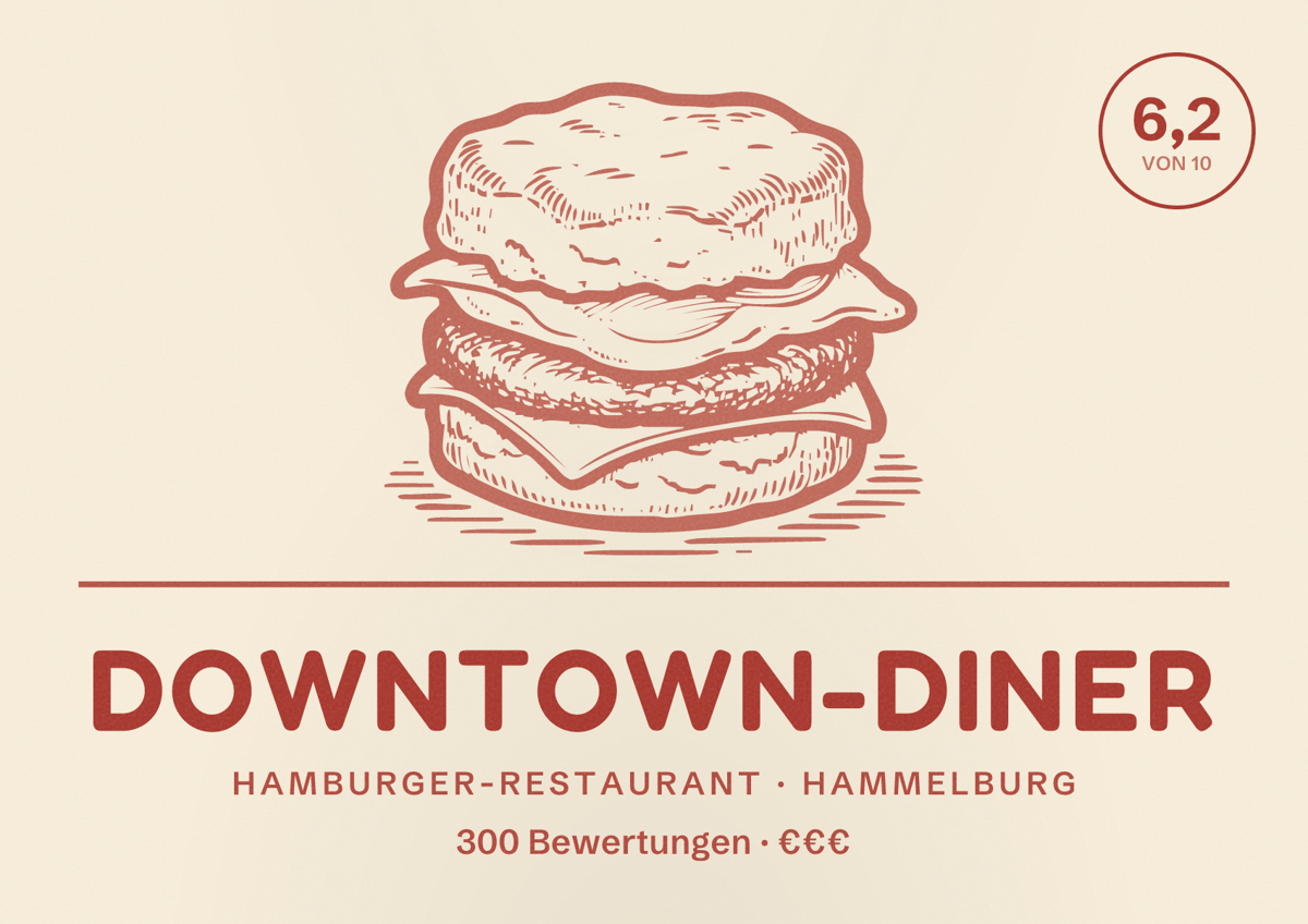 Illustriertes Poster von Downtown-Diner, Hamburger-Restaurant in Hammelburg: Bewertung 6,2 von 10 aus 300 Bewertungen, Preisniveau €€€
