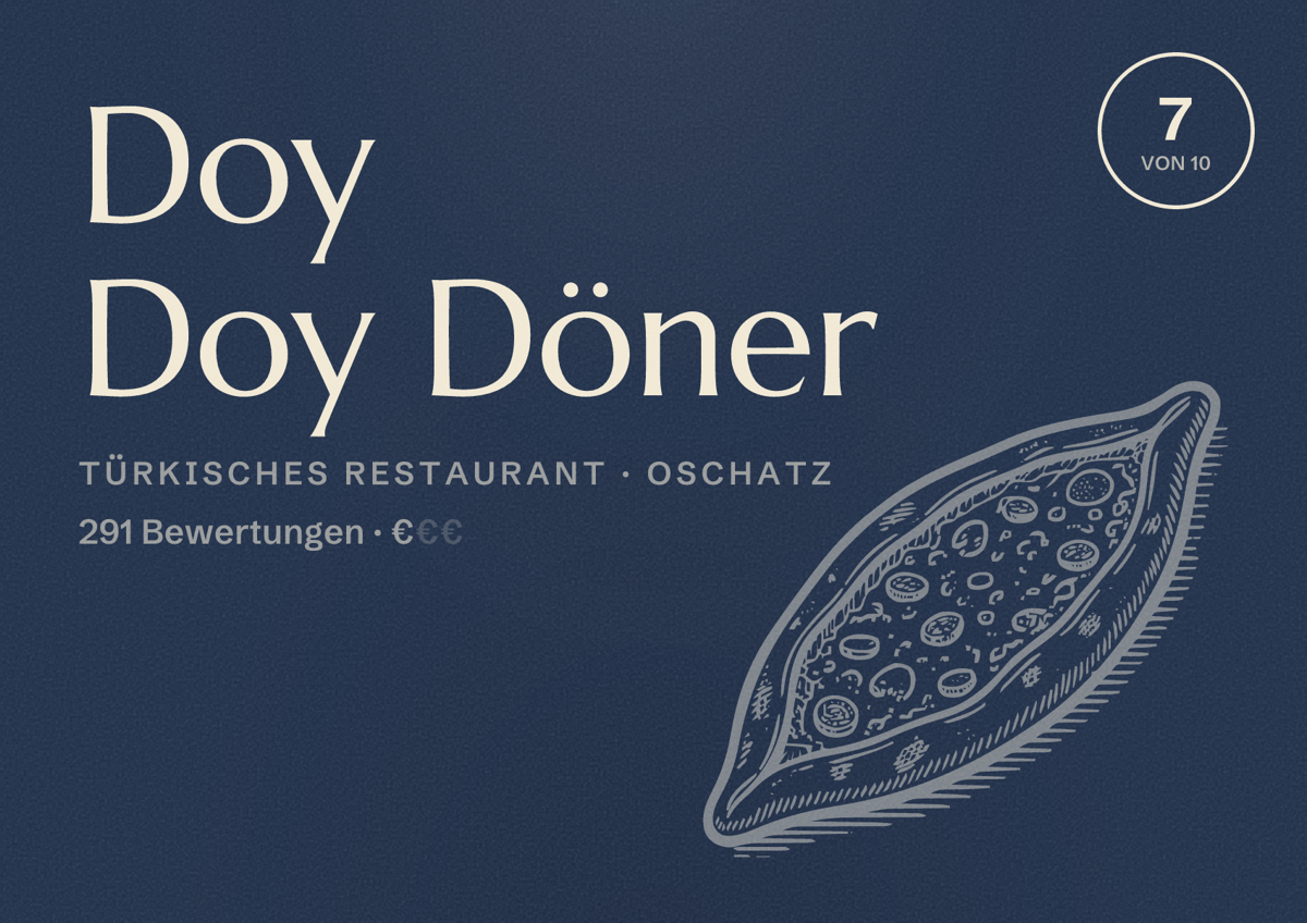Illustriertes Poster von Doy Doy Döner, Türkisches Restaurant in Oschatz: Bewertung 7 von 10 aus 291 Bewertungen, Preisniveau €