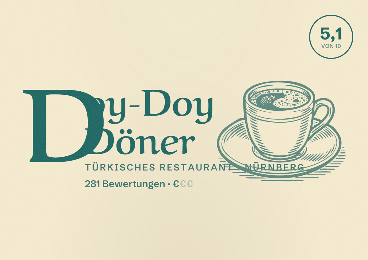 Illustriertes Poster von Doy-Doy Döner, Türkisches Restaurant in Nürnberg: Bewertung 5,1 von 10 aus 281 Bewertungen, Preisniveau €