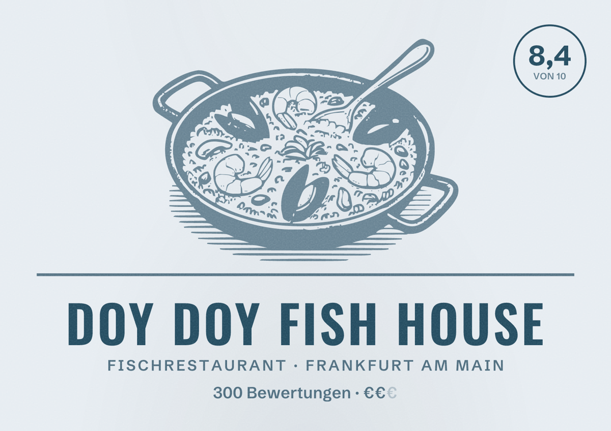 Illustriertes Poster von Doy Doy Fish House, Fischrestaurant in Frankfurt am Main: Bewertung 8,4 von 10 aus 300 Bewertungen, Preisniveau €€