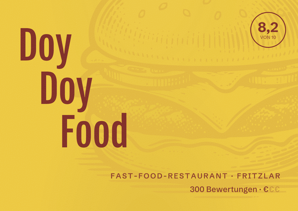Illustriertes Poster von Doy Doy Food, Fast-Food-Restaurant in Fritzlar: Bewertung 8,2 von 10 aus 300 Bewertungen, Preisniveau €