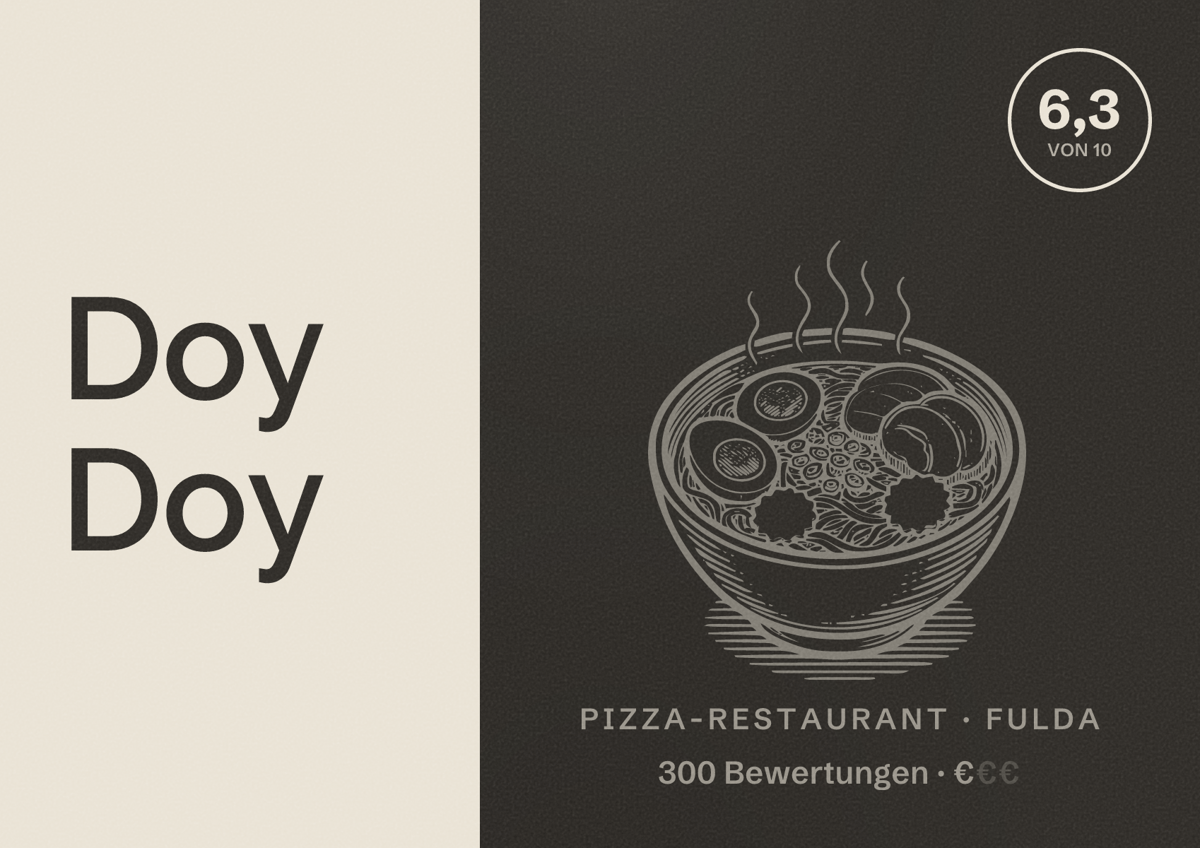 Illustriertes Poster von Doy Doy, Pizza-Restaurant in Fulda: Bewertung 6,3 von 10 aus 300 Bewertungen, Preisniveau €