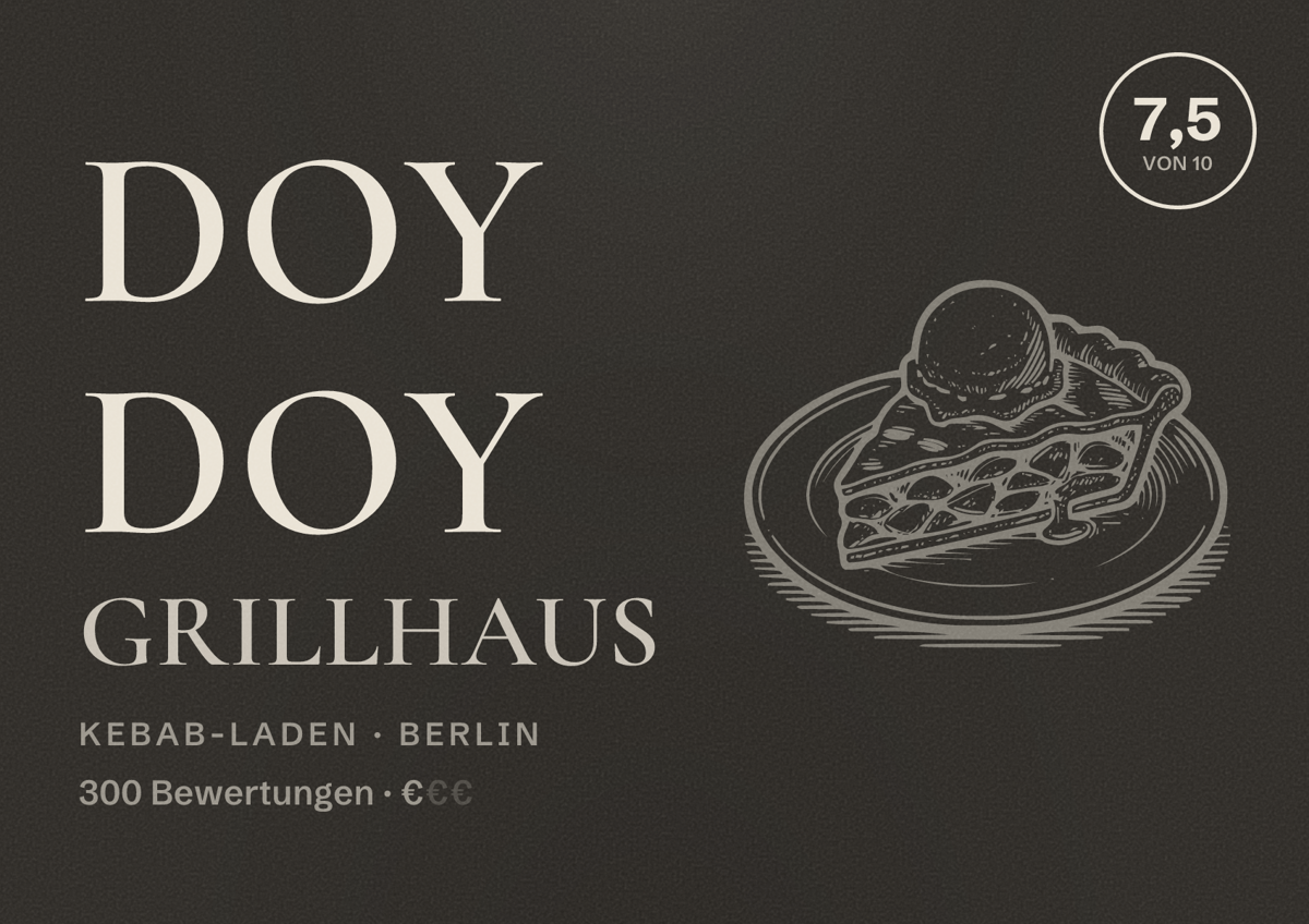 Illustriertes Poster von Doy Doy Grillhaus, Kebab-Laden in Berlin: Bewertung 7,5 von 10 aus 300 Bewertungen, Preisniveau €