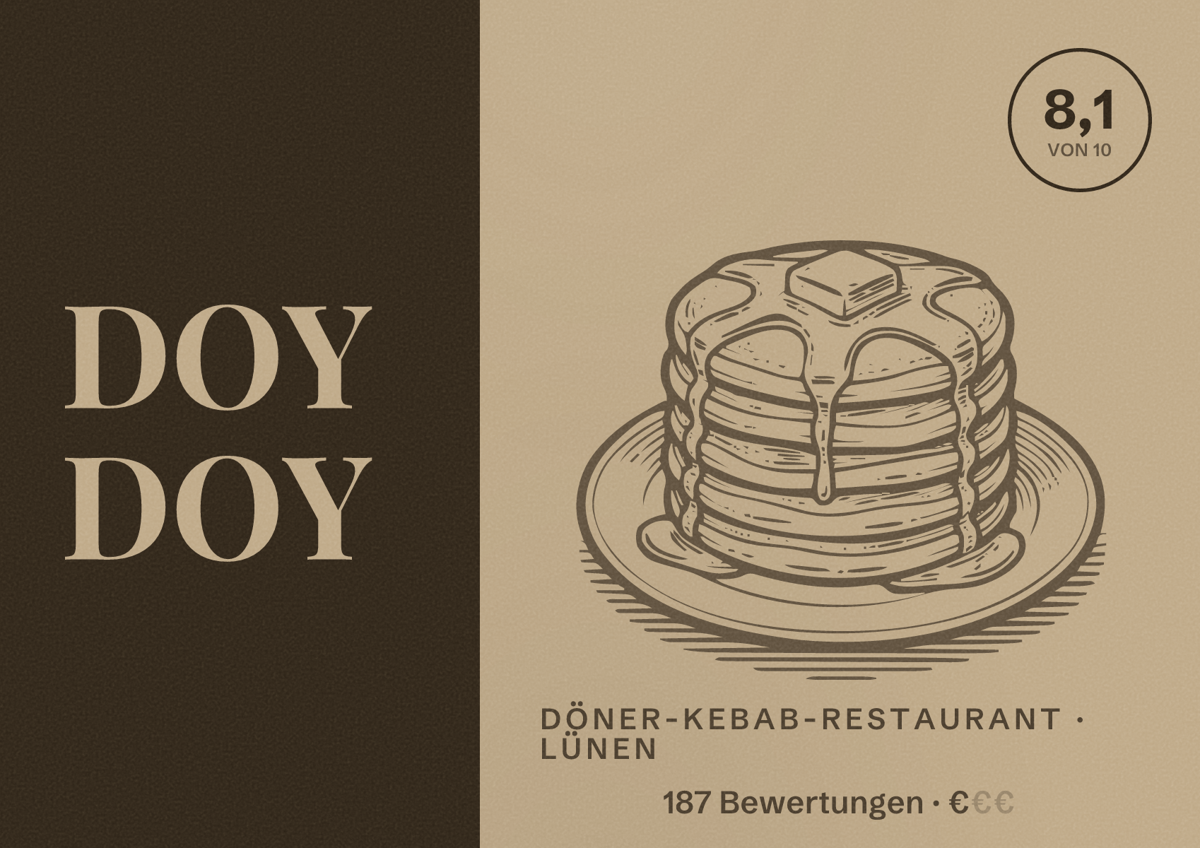Illustriertes Poster von DOY DOY, Döner-Kebab-Restaurant in Lünen: Bewertung 8,1 von 10 aus 187 Bewertungen, Preisniveau €