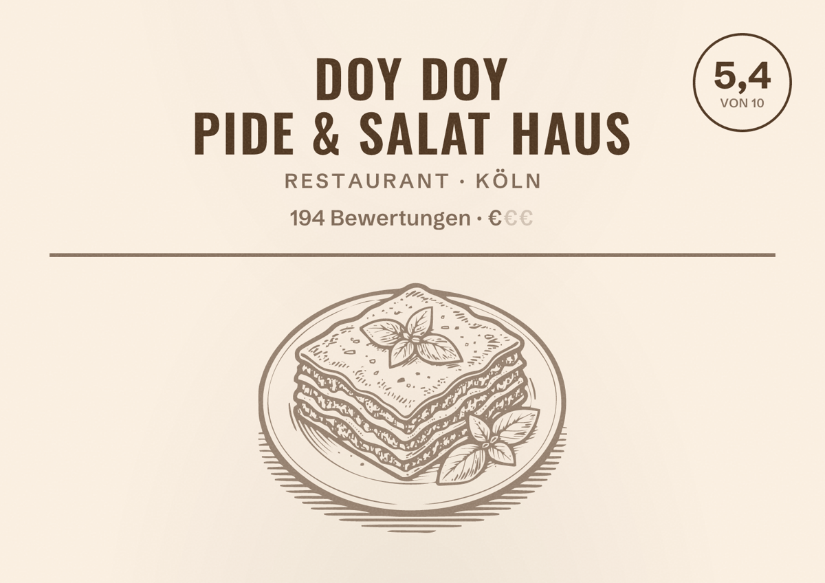 Illustriertes Poster von DOY DOY Pide & Salat Haus, Restaurant in Köln: Bewertung 5,4 von 10 aus 194 Bewertungen, Preisniveau €