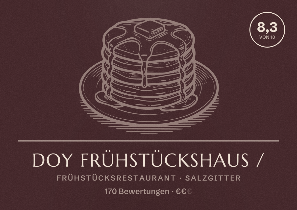 Illustriertes Poster von DOY Frühstückshaus /, Frühstücksrestaurant in Salzgitter: Bewertung 8,3 von 10 aus 170 Bewertungen, Preisniveau €€