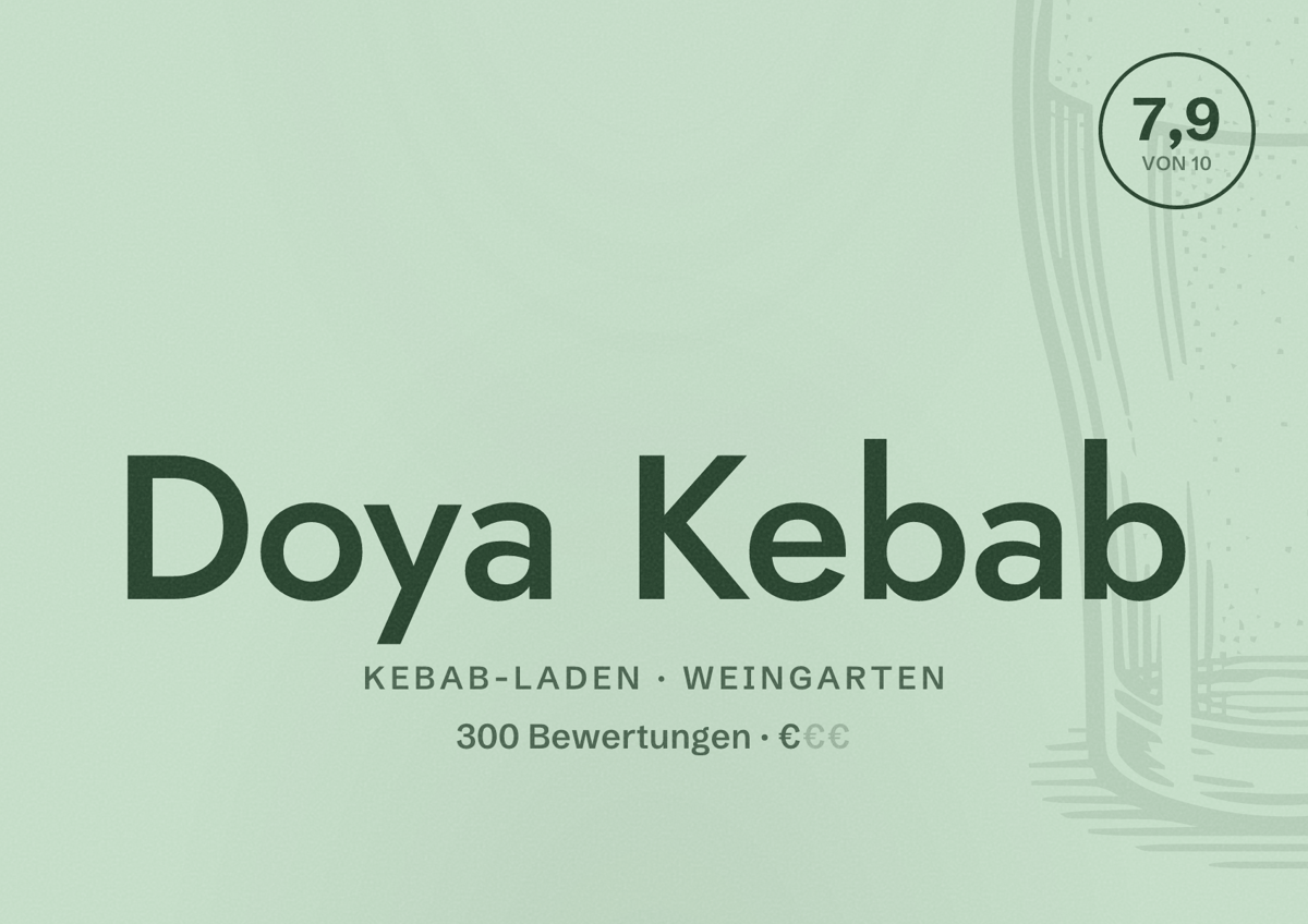 Illustriertes Poster von Doya Kebab, Kebab-Laden in Weingarten: Bewertung 7,9 von 10 aus 300 Bewertungen, Preisniveau €