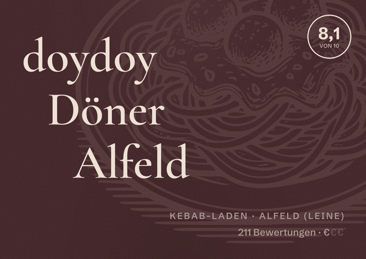 Illustriertes Poster von doydoy Döner Alfeld, Kebab-Laden in Alfeld (Leine): Bewertung 8,1 von 10 aus 211 Bewertungen, Preisniveau €