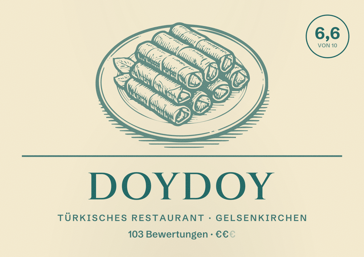 Illustriertes Poster von Doydoy, Türkisches Restaurant in Gelsenkirchen: Bewertung 6,6 von 10 aus 103 Bewertungen, Preisniveau €€