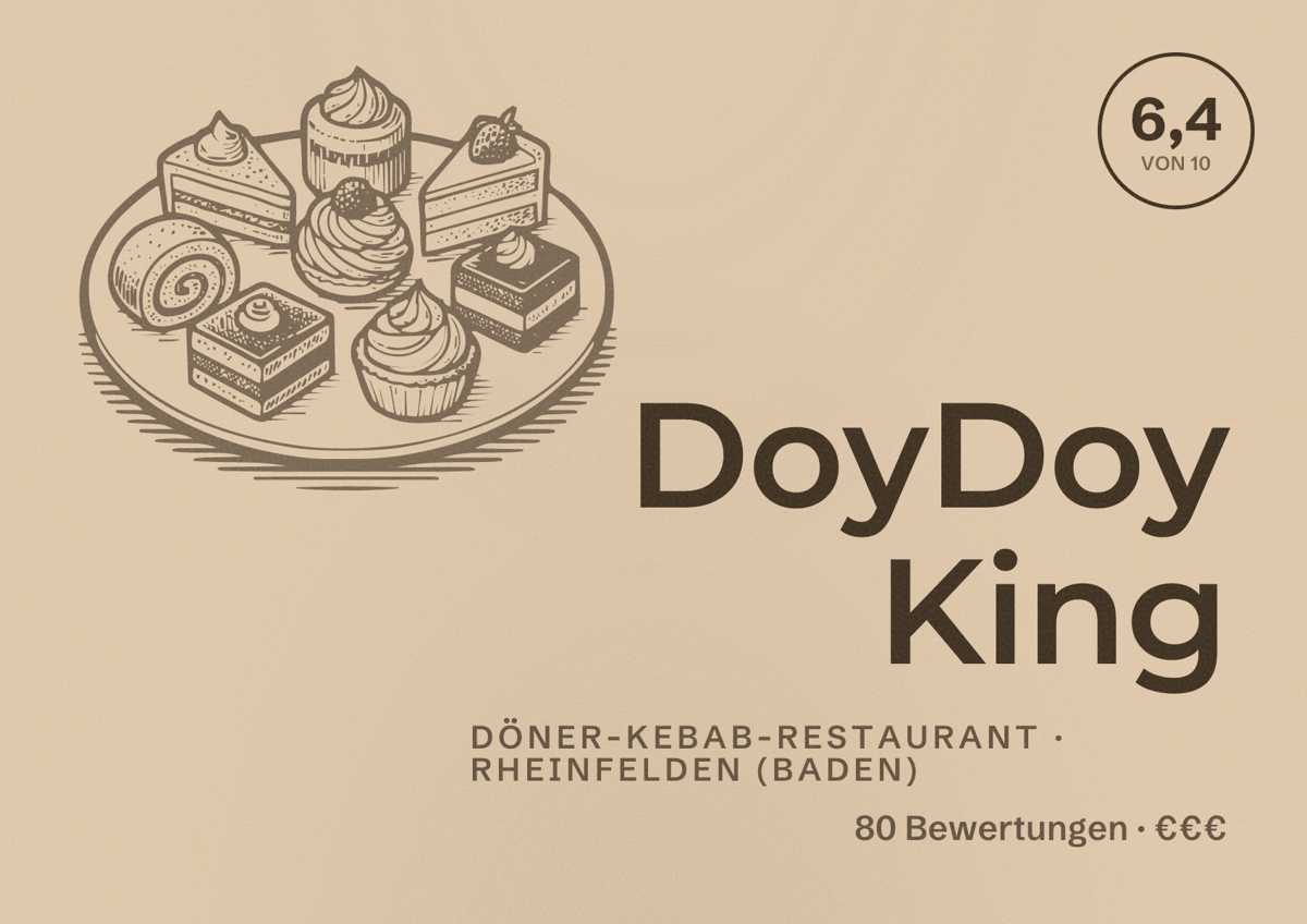 Illustriertes Poster von DoyDoy King, Döner-Kebab-Restaurant in Rheinfelden (Baden): Bewertung 6,4 von 10 aus 80 Bewertungen, Preisniveau €€€