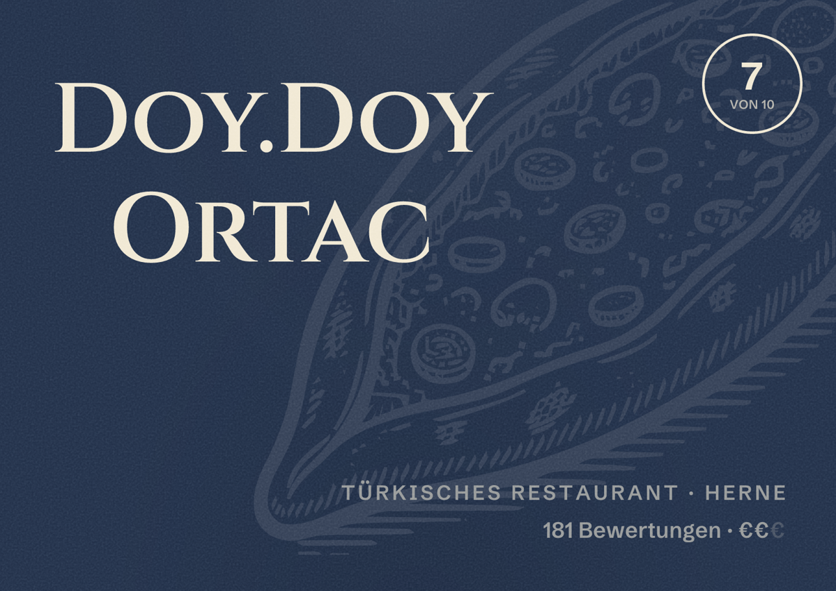 Illustriertes Poster von Doy.Doy Ortac, Türkisches Restaurant in Herne: Bewertung 7,0 von 10 aus 181 Bewertungen, Preisniveau €€
