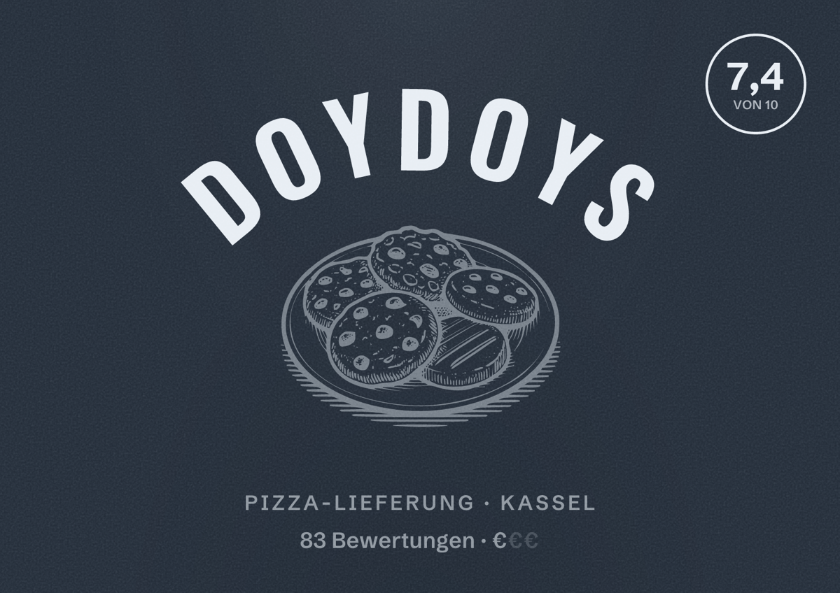 Illustriertes Poster von Doydoys, Pizza-Lieferung in Kassel: Bewertung 7,4 von 10 aus 83 Bewertungen, Preisniveau €