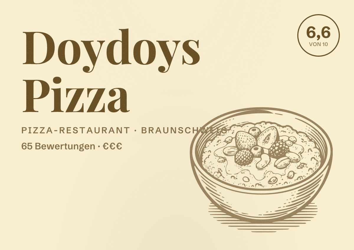 Illustriertes Poster von Doydoys Pizza, Pizza-Restaurant in Braunschweig: Bewertung 6,6 von 10 aus 65 Bewertungen, Preisniveau €€€
