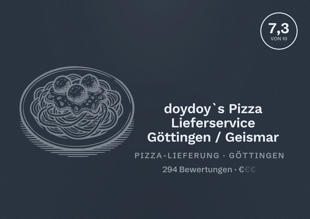 Illustriertes Poster von doydoy`s Pizza Lieferservice Göttingen / Geismar, Pizza-Lieferung in Göttingen: Bewertung 7,3 von 10 aus 294 Bewertungen, Preisniveau €