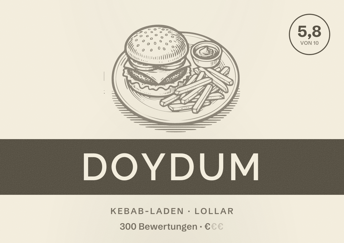 Illustriertes Poster von Doydum, Kebab-Laden in Lollar: Bewertung 5,8 von 10 aus 300 Bewertungen, Preisniveau €