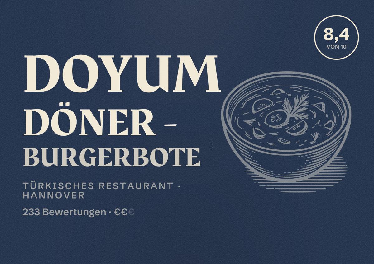 Illustriertes Poster von Doyum Döner - Burgerbote, Türkisches Restaurant in Hannover: Bewertung 8,4 von 10 aus 233 Bewertungen, Preisniveau €€