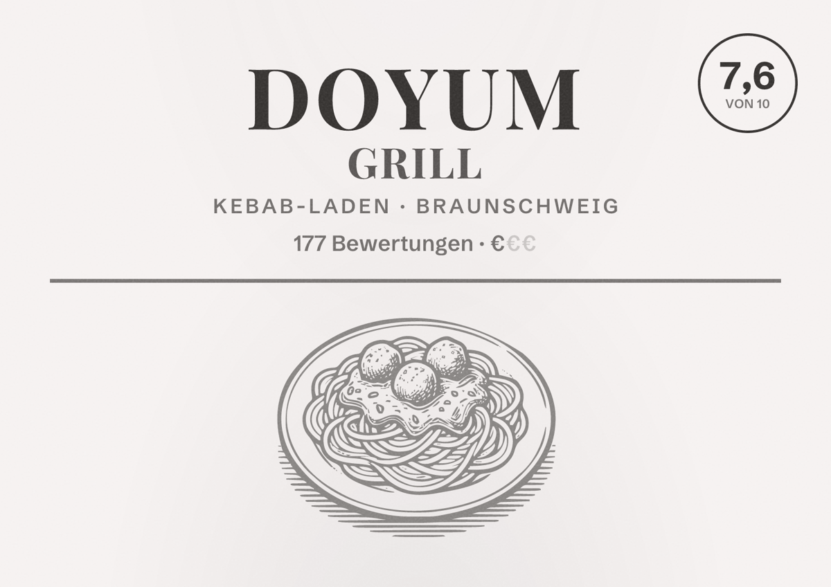Illustriertes Poster von Doyum Grill, Kebab-Laden in Braunschweig: Bewertung 7,6 von 10 aus 177 Bewertungen, Preisniveau €
