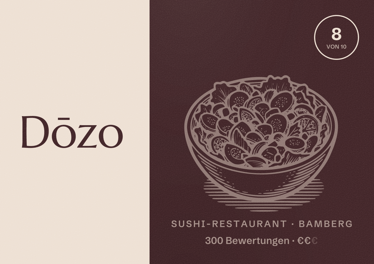 Illustriertes Poster von Dōzo, Sushi-Restaurant in Bamberg: Bewertung 8 von 10 aus 300 Bewertungen, Preisniveau €€