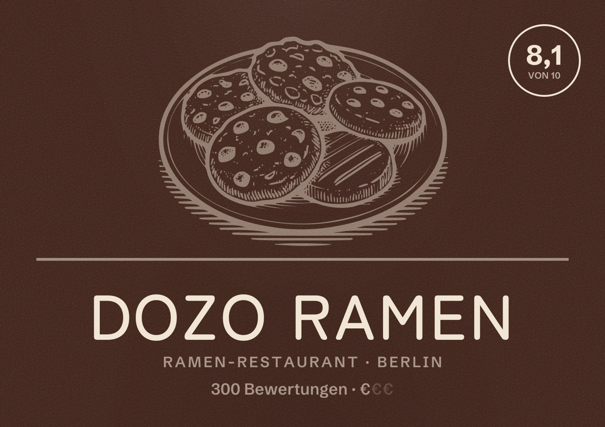 Illustriertes Poster von Dozo Ramen, Ramen-Restaurant in Berlin: Bewertung 8,1 von 10 aus 300 Bewertungen, Preisniveau €
