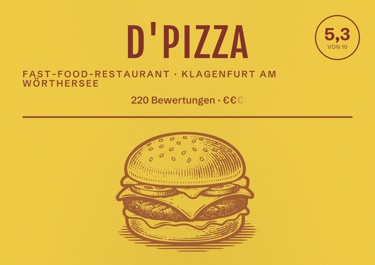 Illustriertes Poster von D'Pizza, Fast-Food-Restaurant in Klagenfurt am Wörthersee: Bewertung 5,3 von 10 aus 220 Bewertungen, Preisniveau €€