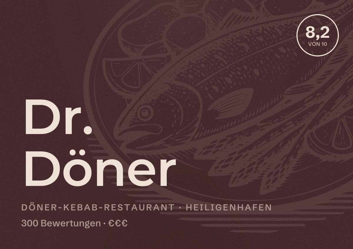 Illustriertes Poster von Dr. Döner, Döner-Kebab-Restaurant in Heiligenhafen: Bewertung 8,2 von 10 aus 300 Bewertungen, Preisniveau €€€